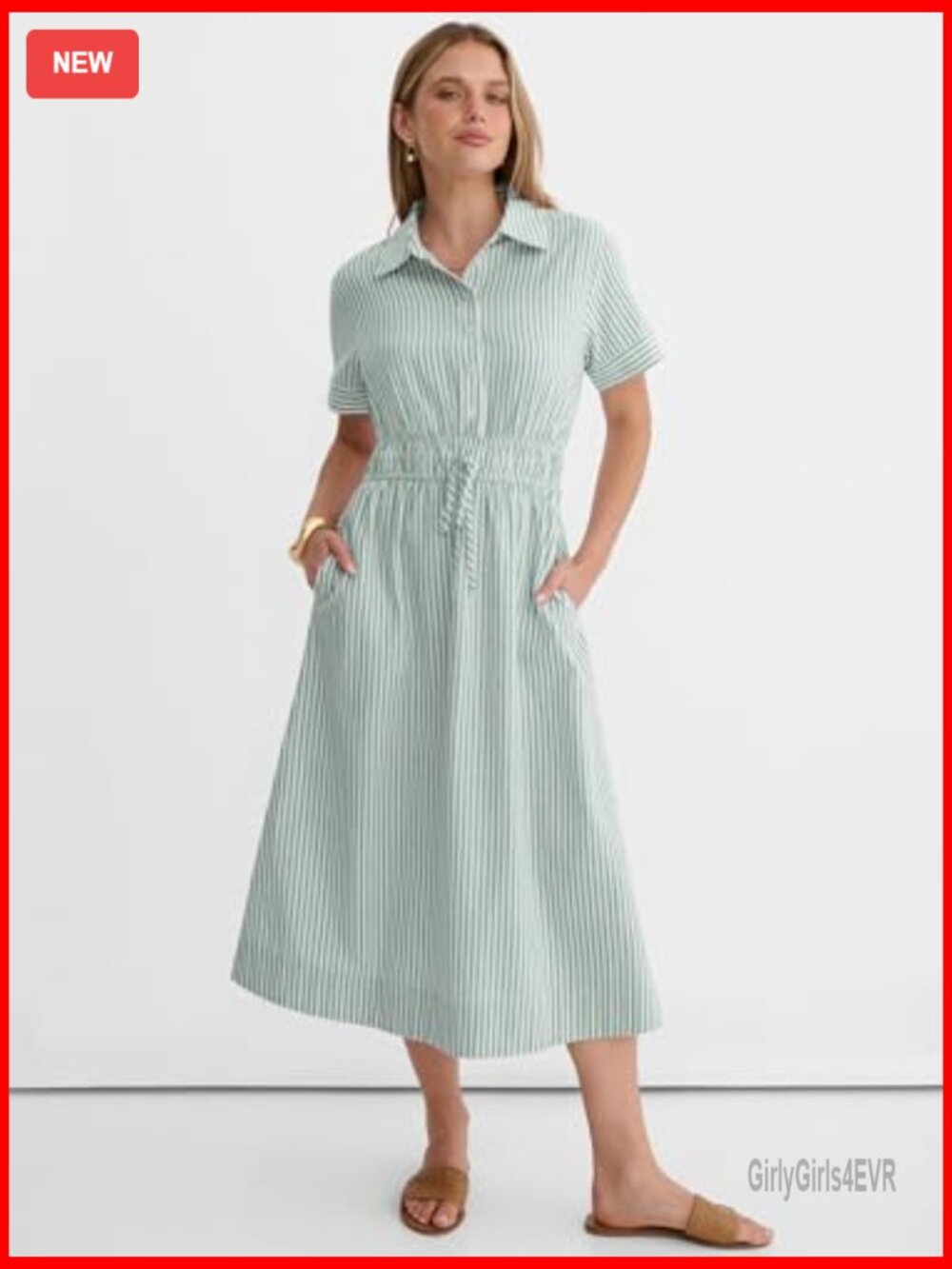 Womens Midi Dress Short Sleeve Striped Plaid Button Collar Shirt Dress Casual - Picture 5 of 7